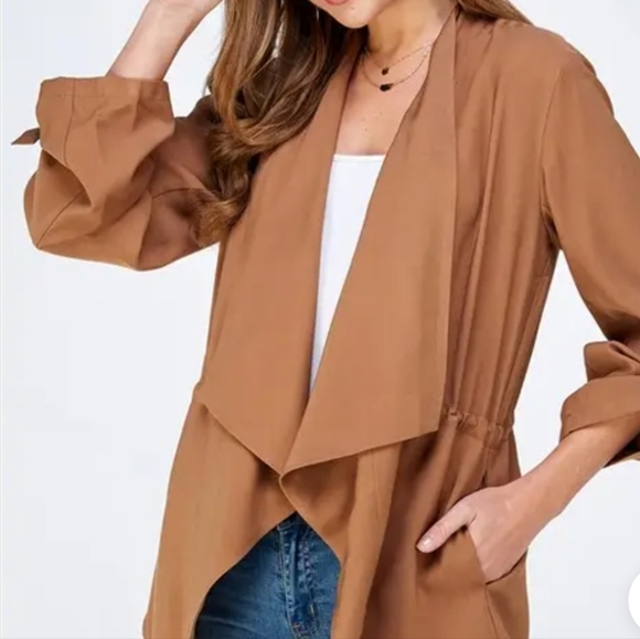 Jackets & Blazers - 046 - NEW! CHIC AND FABULOUS CAMEL STYLISH DRAPED OPEN FRONT TRENCH DUSTER